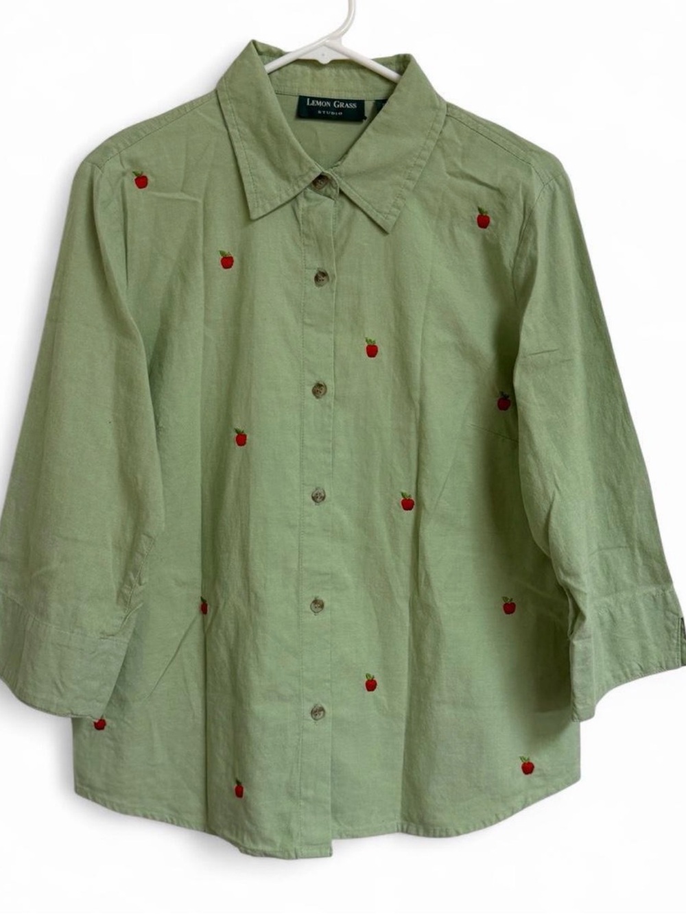 Lemon Grass Olive Green Button-Down Shirt with Red Apple Embroidery